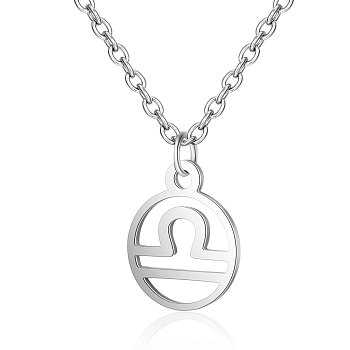 201 Stainless Steel Pendants Necklaces, Flat Round with Constellations, Libra, 16.3 inch(40cm)x1mm