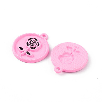 Spray Painted Alloy Pendants, Flat Round with Rose Charm, for Valentine's Day, Pink, 20.5x18x2mm, Hole: 1.5mm