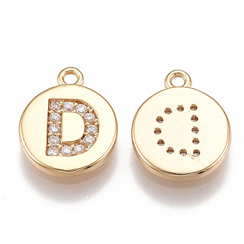 Brass Cubic Zirconia Charms, Flat Round with Letter, Nickel Free, Real 18K Gold Plated, Clear, Letter.D, 12x10x2mm, Hole: 1mm