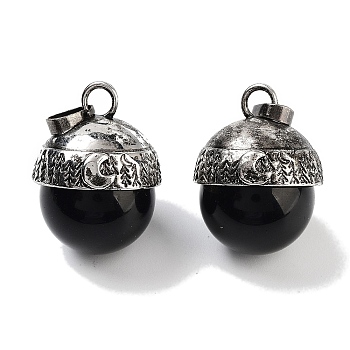 Natural Obsidian Sphere Pendants, Rack Plating Antique Silver Plated Brass Round Charms, Cadmium Free & Lead Free, 24~27x19.5x20mm, Hole: 6x4mm