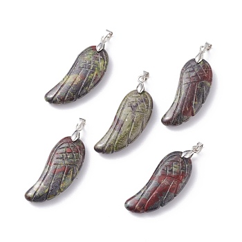 Natural Dragon Blood Pendants, with Platinum Plated Brass Loops, Wing, 36x15~16.6x6.5~7.7mm, Hole: 5x4mm