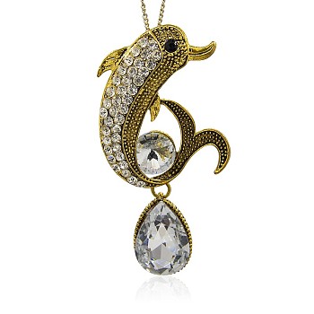 Alloy Rhinestone Big Pendants, Trendy Pendant Necklace Findings, Dolphin with Teardrop, Antique Golden, 92x47x3mm, Hole: 7mm