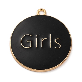 Alloy Enamel Pendants, Golden, Word Girls, Flat Round, 33.5x30x2.5mm, Hole: 2.5mm