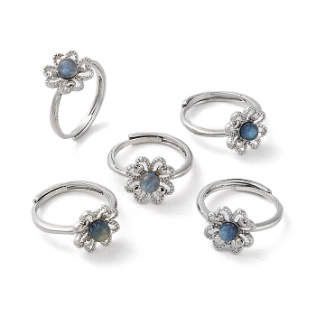 Natural Labradorite Flower Adjustable Ring, Rack Plating Brass Ring for Women, Platinum, US Size 7 1/4(17.5mm)