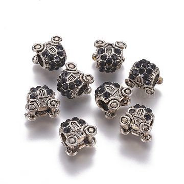 Antique Silver Plated Alloy European Beads, Large Hole Beads, with Rhinestone, Carriage, Jet, 11.5x12x8.5mm, Hole: 5mm(CPDL-L020-01AS)