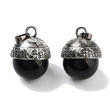 Antique Silver Round Obsidian Pendants