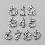 10Pcs 10 Style Zinc Alloy Pendant with Clear Glass, Number 0~9 Charms, Platinum, 15x8~13x2.5mm, Hole: 1.5mm, 1Pc/style(FIND-WH0147-69P)