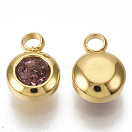 Rhinestone Charms, June Birthstone Charms, with 201 Stainless Steel, Flat Round, Golden, Light Amethyst, 9x6.5x4mm, Hole: 1.8mm(STAS-S105-JN920-6)