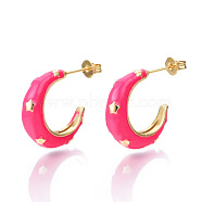 Brass Enamel Stud Earrings, Half Hoop Earrings, with Ear Nuts, Nickel Free, Double Horn/Crescent Moon with Star, Real 16K Gold Plated, Deep Pink, 19x5.5mm, Pin: 0.8mm(EJEW-T014-08G-03-NF)