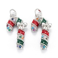 Christmas Themed Brass Micro Pave Cubic Zirconia Pendants, with Enamel and Jump Ring, Long-Lasting Plated, Christmas Candy Cane, Real Platinum Plated, 20.5x11.5x4mm, Jump Ring: 5x0.7mm, 3.6mm Inner Diameter(ZIRC-L101-10P)