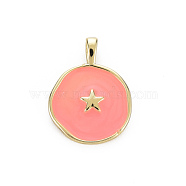 Brass Enamel Pendants, Cadmium Free & Nickel Free & Lead Free, Real 16K Gold Plated, Flat Round with Star, Light Coral, 20.5x15.5x4.5mm, Hole: 2.5x3mm(KK-Q283-057A-NR)