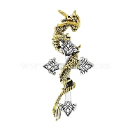 Dragon with Cross Rhinestone Brooch Pins, Alloy Badge for Unisex, Antique Silver, 83x39x17mm(JEWB-K018-11AS)