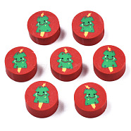 Handmade Polymer Clay Beads, Christmas Style, Flat Round with Christmas Tree, Dark Red, 9x4~4.5mm, Hole: 1.5mm(CLAY-N007-013)