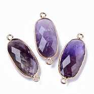 Natural Amethyst Links Connectors, with Light Gold Plated Edge Brass Loops, Oval, Faceted, 27x11x5.5mm, Hole: 2mm(G-R472-03J)