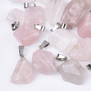 Pendentifs de quartz rose naturel, avec cliquet en acier inoxydable, pépites, 15~35x10~20x5~15mm, Trou: 3x7.5mm(G-Q996-31)