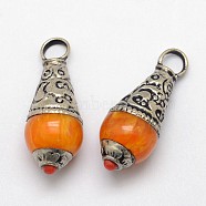 Brass Teardrop Pendants, with Resin Imitation Beeswax and Antique Silver, Orange, 26~28x11mm, Hole: 4mm(PALLOY-F127-B-04)