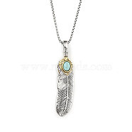 201 Stainless Steel Chain, Zinc Alloy and Rhinestone Pendant Necklaces, Feather, Synthetic Turquoise, Antique Silver, 23.62 inch(60cm)(NJEW-C034-20AS)