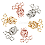 Brass Box Clasps, Multi-Strand Clasps, with Spring Ring Clasps, Flat Round, 3-Strands, 6-Holes, Mixed Color, 24x11x5.5mm, Hole: 2mm, 3 colors, 2sets/color, 6sets/box(KK-SC0001-68)