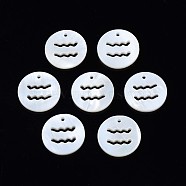 Natural Freshwater Shell Charms, Flat Round with Twelve Constellations, Hollow, Aries, 12x1.5mm, Hole: 0.9mm(SHEL-N027-10E)