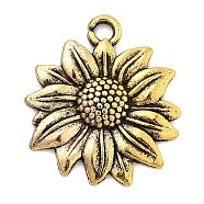 Alloy Pendants, Sunflower, Charms, Antique Golden, 21x19x2.5mm, Hole: 2mm(PALLOY-Q365-01AG)