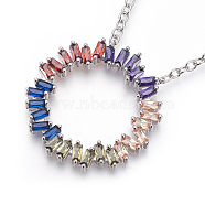 Brass Micro Pave Cubic Zirconia Pendant Necklaces, Circle, Colorful, Platinum, 18.5 inch(47cm), 2.5mm(NJEW-O105-01B-P)