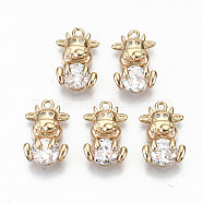 Brass Glass Rhinestone Pendants, with Micro Pave Clear Cubic Zirconia, Long-Lasting Plated, Cadmium Free & Lead Free, Cow, Light Gold, Crystal, 15x10x5mm, Hole: 1.4mm(GLAA-S179-30A-RS)