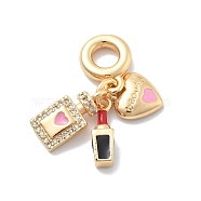 Brass Pink Enamel & Clear Cubic Zirconia Dangle Charms, Large Hole Pendants, Real 18K Gold Plated, Heart & Rectangle & Lipstick, 30mm, Hole: 4.5mm(KK-M305-15G-01)