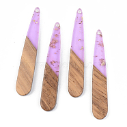 Transparent Resin & Walnut Wood Pendants, with Gold Foil, teardrop, , Lilac, 44x7.5x3mm, Hole: 1.5mm(RESI-S389-039A-B01)