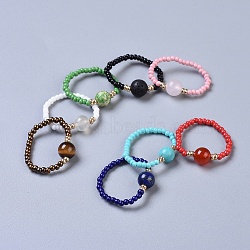 Natural & Synthetic Mixed Stone Stretch Rings, with Glass Seed Beads, Size 8, 18mm(RJEW-JR00255)