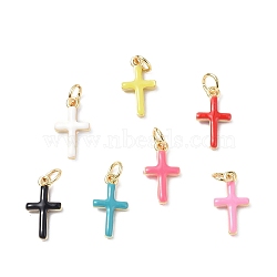 Real 18K Gold Plated Eco-Friendly Rack Plating Brass Enamel Pendants, Long-Lasting Plated, with Jump Rings, Lead Free & Cadmium Free, Cross Charm, Mixed Color, 15x8x3mm, Hole: 3.4mm(KK-F845-40G)