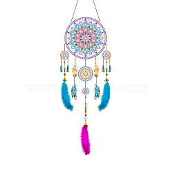DIY Diamond Painting Web with Feather Wind Chime Kits, Including Resin Rhinestones, Diamond Sticky Pen, Tray Plate and Glue Clay, Flower Pattern, 580mm(DIAM-PW0001-222G)