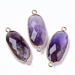 Natural Amethyst Links Connectors, with Light Gold Plated Edge Brass Loops, Oval, Faceted, 27x11x5.5mm, Hole: 2mm(G-R472-03J)