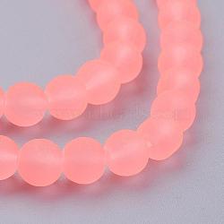 Transparent Glass Bead Strands, Frosted, Round, Light Salmon, 6mm, Hole: 1.3~1.6mm, about 140pcs/strand, 31.4 inch(GLAA-S031-6mm-28)