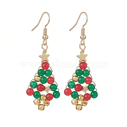 Christmas Tree Dyed Natural Malaysia Jade Dangle Earrings, Golden Copper Wire Wrapped Jewelry for Women, Colorful, 54mm, Pin: 0.8mm(EJEW-JE05190)