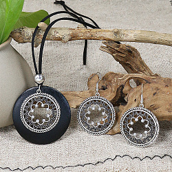 Ethnic Style Alloy & Wood Pendant Necklaces & Dangle Earrings Sets, Flat Round with Flower, Platinum, 55x39mm(WG8B2BF-03)