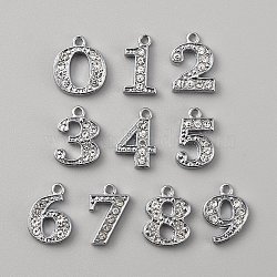 10Pcs 10 Style Zinc Alloy Pendant with Clear Glass, Number 0~9 Charms, Platinum, 15x8~13x2.5mm, Hole: 1.5mm, 1Pc/style(FIND-WH0147-69P)