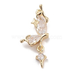 Brass Pave Clear Cubic Zirconia Pendants, Butterfly Wing, Long-Lasting Plated, Real 14K Gold Plated, 29x12.5x6mm, Hole: 1.5mm(KK-Z061-14G-02)