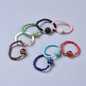 Natural & Synthetic Mixed Stone Stretch Rings, with Glass Seed Beads, Size 8, 18mm