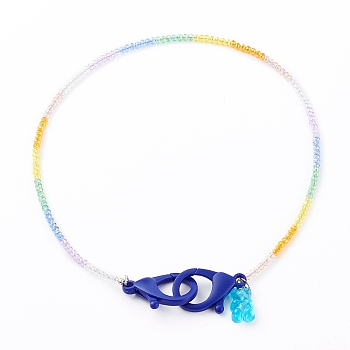 Rainbow Personalized Electroplate Glass Beaded Necklaces, Eyeglass Chains, Handbag Chains, with Resin Bear Pendants and Plastic Lobster Claw Clasps, Dark Blue, 19.49 inch(49.5cm)