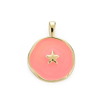 Brass Enamel Pendants, Cadmium Free & Nickel Free & Lead Free, Real 16K Gold Plated, Flat Round with Star, Light Coral, 20.5x15.5x4.5mm, Hole: 2.5x3mm