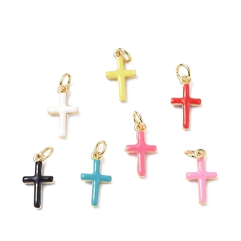 Real 18K Gold Plated Eco-Friendly Rack Plating Brass Enamel Pendants, Long-Lasting Plated, with Jump Rings, Lead Free & Cadmium Free, Cross Charm, Mixed Color, 15x8x3mm, Hole: 3.4mm