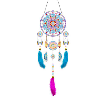 DIY Diamond Painting Web with Feather Wind Chime Kits, Including Resin Rhinestones, Diamond Sticky Pen, Tray Plate and Glue Clay, Flower Pattern, 580mm