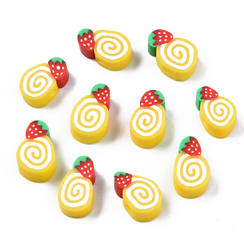 Handmade Polymer Clay Beads, Cake with Strawberry, Gold, 10~13x7~10x4mm, Hole: 1.6mm