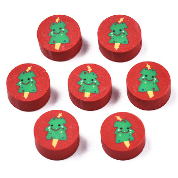 Handmade Polymer Clay Beads, Christmas Style, Flat Round with Christmas Tree, Dark Red, 9x4~4.5mm, Hole: 1.5mm