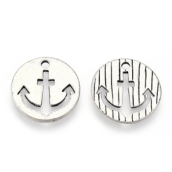 Tibetan Style Alloy Pendants, Cadmium Free & Lead Free, Flat Round with Anchor, Antique Silver, 19x1.5mm, Hole: 2mm