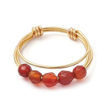 Natural Round Natural Agate Beaded Finger Rings, with Golden Copper Wire Wrapped Rings, US Size 8 1/2(18.5mm), 1.5~6mm