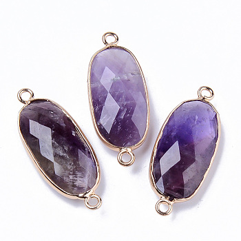 Natural Amethyst Links Connectors, with Light Gold Plated Edge Brass Loops, Oval, Faceted, 27x11x5.5mm, Hole: 2mm