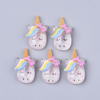Resin Cabochons, with Glitter Sequins, Unicorn, Colorful, 27x16x7mm