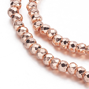 Electroplate Non-magnetic Synthetic Hematite Beads Strands, Faceted, Rondelle, Rose Gold Plated, 3x2mm, Hole: 1mm, about 184pcs/strand, 15.7 inch