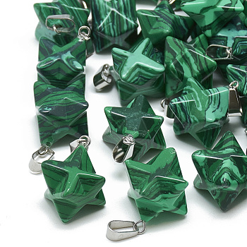 Synthetic Malachite Pendants, with Stainless Steel Snap On Bails, Merkaba Star, 21~23x16~17x16~17mm, Hole: 6x4mm